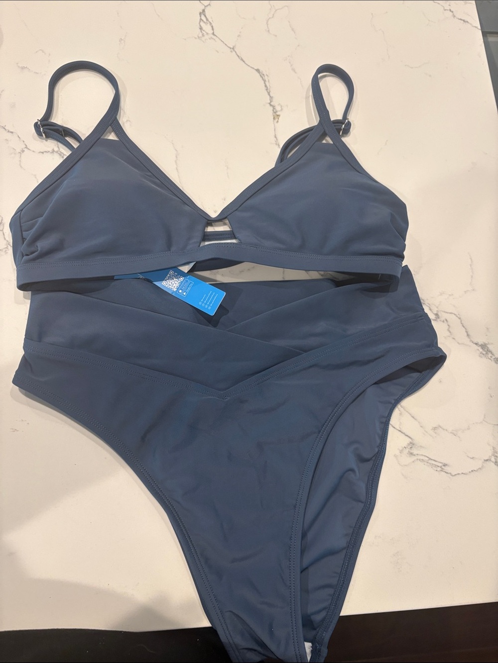 Cupshe Slate Blue High-Waist Bikini Set with V-Detail Top